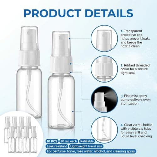 Lubentra 10 Pack Travel Bottles for Toiletries, 20ml Spray Bottles, Small Transparent Refillable Perfume Atomiser Empty Containers with Flip Caps for Body Spray, Toners, Rose Water, Cosmetics — view 3