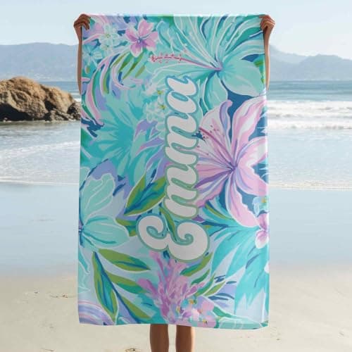 Print Maniacs Custom Name Tropical Towel Personalised Beach Towel Microfibre Large Quick Dry Lightweight Travel Towel Sand Free Holiday Pool Gym Spa Gift for Her