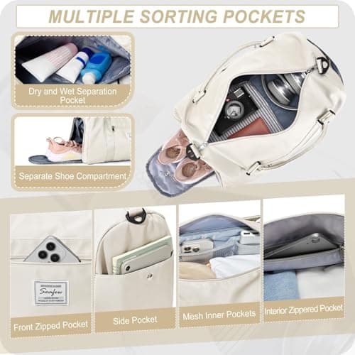 HYC00 Gym Bag Women Men with Shoes Compartment & Wet Pocket,for Easyjet Airlines Cabin Bag 45x36x20 Underseat Travel Duffel Bag Holdall Tote Carry on Luggage Overnight Bag Carry on Bag,Milky White — view 4