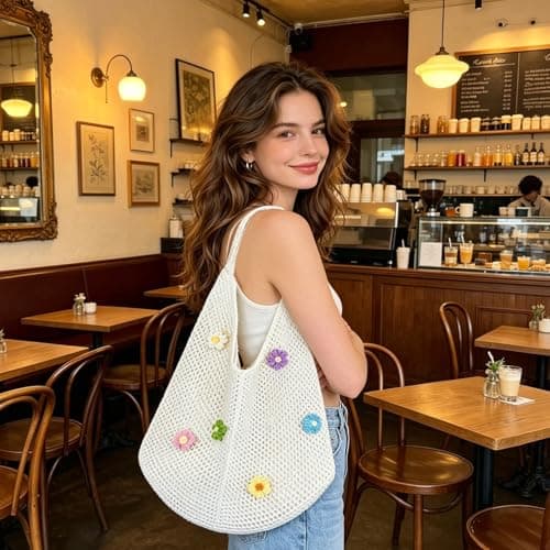 FOSDICK Crochet Beach Bags for Women, Summer Beach Tote Bag, Weave Large Capacity Pool Bag Featuring Six Flowers, Foldable Holiday Bags for Women for Travel Shopping Picnic (Off White) — view 2