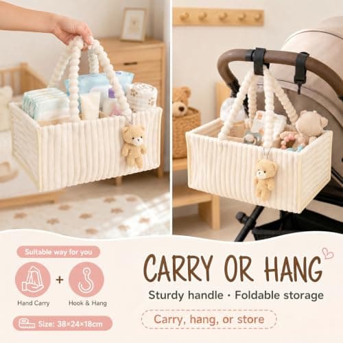 Eyoulife Diaper Caddy Organizer with Cute Bear Pendant, Soft Nappy Caddy Organiser with Removable Dividers, Portable Baby Storage Basket for Changing Table, Nursery, Car and Travel(White) — view 3