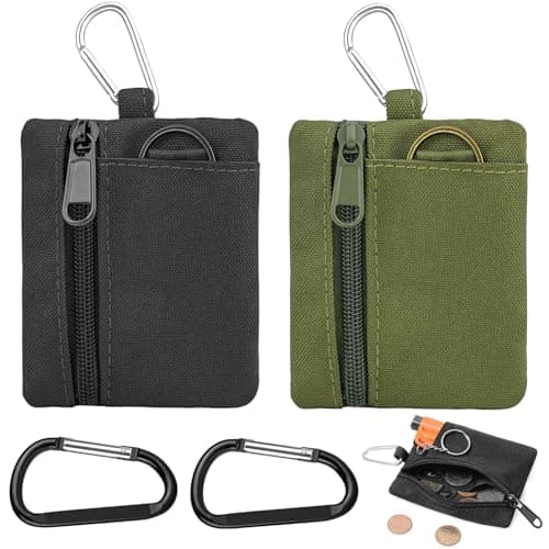 SzSFQ 2 Pack Tactical Canvas Coin Pouch for Men, Zip Purse with Carabiner