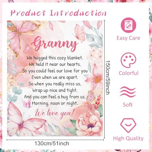 Eiapadeor Granny Blanket Gifts - Flannel Blanket Granny Gifts from Grandchidren Grandson, Nana Blanket Nans Grandma Presents for Mother's Day Mothering Sunday Large Pink Butterfly Rose Flowers — view 2