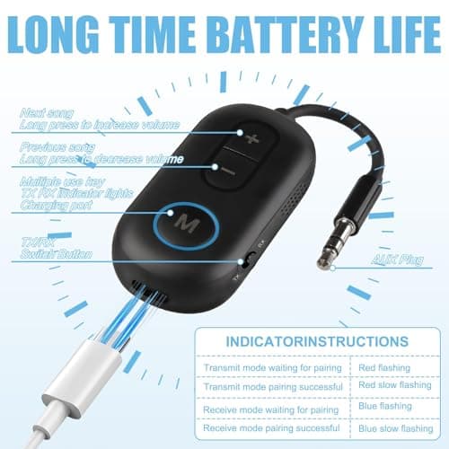 Airplane Bluetooth 5.4 Transmitter Receiver 2-in-1 Wireless Aux Adapter 3.5mm 18H Playtime Airfly pro 2 TV Airplane Car Gym Home Stereo Speaker Travel Flight — view 2