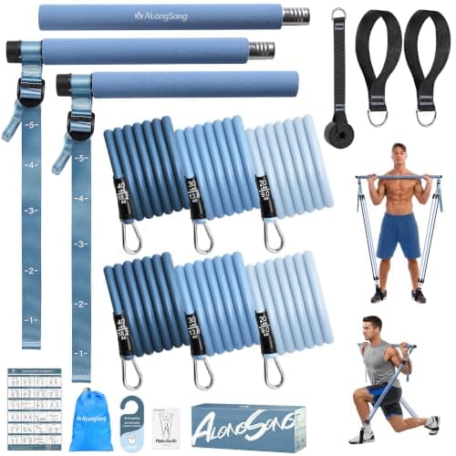 ALongSong Pilates Equipment Pilates Reformer Bar Set With 6 Resistance Bands 20/30/40lbs, Door Anchor & Hook Fitness Equipment for Full-Body Toning & Muscle Building | Home Workout/Gym/Travel Use