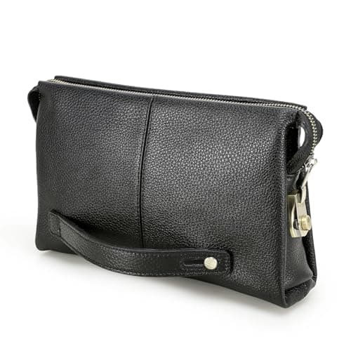 CONTACTS Leather Clutch with Combination Lock Men's Genuine Leather Phone Holder Zip Coin Key Travel Accessories Organizers Wallet Purse Anti-Thief Handbag Black