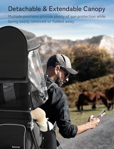 besrey Baby Backpack Carrier, Toddler Hiking Backpack with Safety 3-Height Seat, Adjustable Straps&Waist Belt, Foldable Frame Lightweight Large Capacity Child Carrier for Hiking (Black) — view 3
