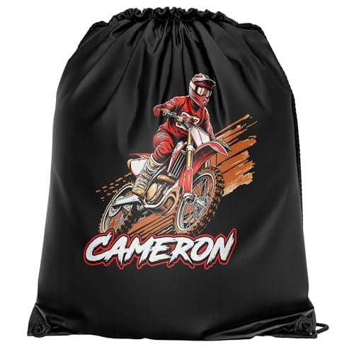 Personalised Red Dirt Bike Drawstring Bag for Boys Off Road Track Motorbike Back to School PE Sports Kids Bag, One Size, Black