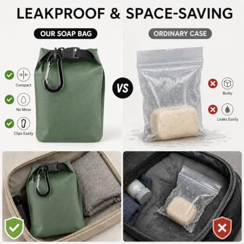 lafo Travel Soap Bag Waterproof Leakproof Soap Case with Soap Lathering Bag and Carabiner, Portable Sealed Storage Bag Quick Dry Soap for Travel, Camping, Outdoor (Green) — view 4