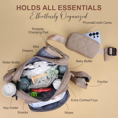 Rexmore Puffer Quilted Diaper Fanny Pack, Crossbody Mom Purse, Khaki — view 6