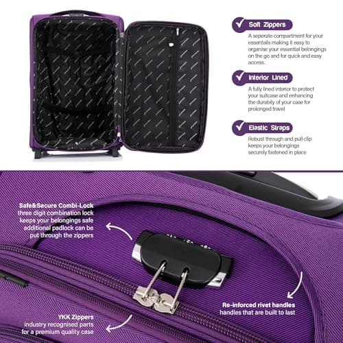 Aerostar Carry-on 20" Lightweight Soft Expandable Suitcase, Hand Luggage 2 Wheel & Combination Lock, 55x35x25cm | Accepted All Airlines Including British Airways (Purple, 32 litres) — view 5