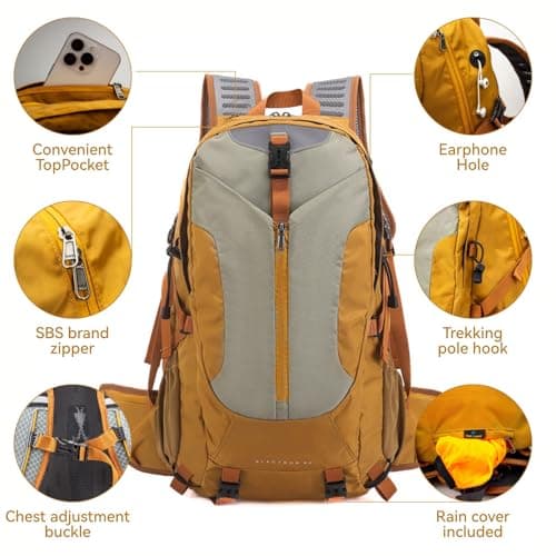 Waterproof Hiking Backpack, 40L Camping Backpack with Rain Cover, Large Outdoor Sport Travel Daypack for Men Women, Yellow — view 3