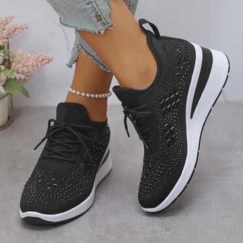 Women's Glittery Trainers Rhinestone Fashion Breathable Wedge Sneakers Athletic Slip On Walking Shoes Breathable Lightweight Sports Casual Sparkly Diamante Sneakers Ladies Platform Shoes Black — view 3