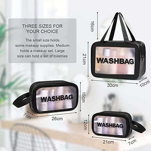 Aucuu 3PCS Clear Toiletry Bag, Wash Bag, Clear PU Makeup Bags, Waterproof Toiletry Travel Bags with Zipper Handle, Portable Airport Cosmetic B-ag for Travel Bathroom Men Women (Black) — view 4