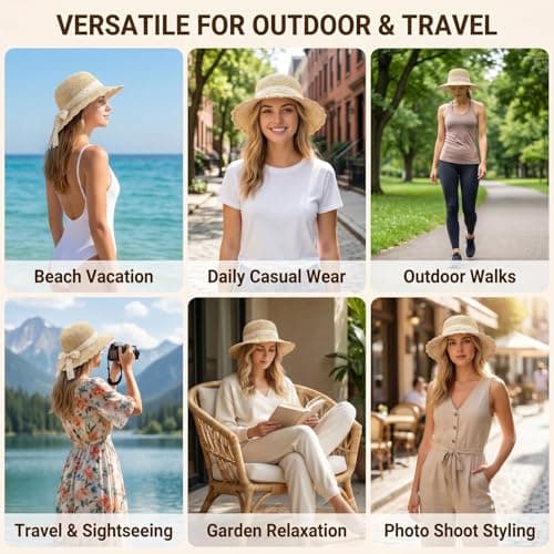 Womens Wide Brim Straw Hat UPF 50+ Sun Protection Packable Travel Beach Sun Hat for Summer Foldable Bucket Hat (Fit Head circumferences 22-22.8 in) Beige — view 6
