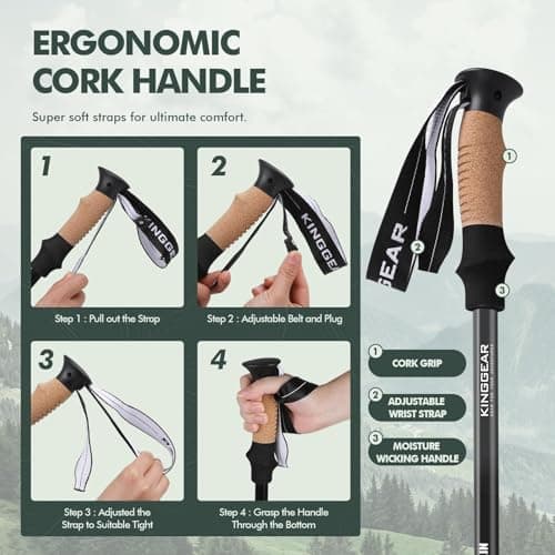 KINGGEAR Nordic Walking Stick, TP1 Hiking Poles Retractable Lightweight 7075 Aluminum, Trekking Poles with Flip Lock, Natural Cork and EVA Grip, 2pc Hiking Gear — view 6