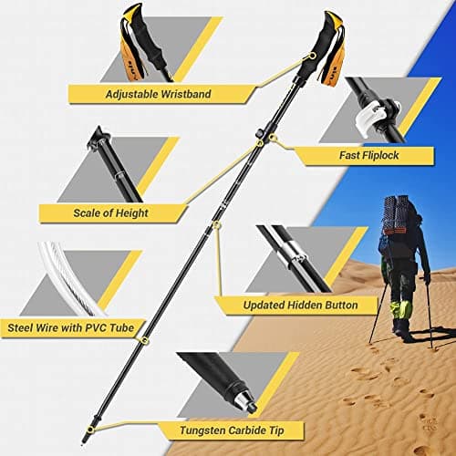 Glymnis 2 Pack Collapsible Walking Poles with Quick Lock System, Foldable Hiking Poles for Trekking, Walking, Backpacking - Yellow Black — view 5