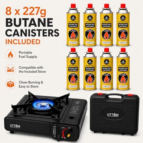UTTAM Black Portable Camping Stove with Cary Case | EN417 Compliant Camping Portable Stove | Camping Stove with Automatic Ignition & Heat Control (Stove + 8 Butane Cannister) — view 2