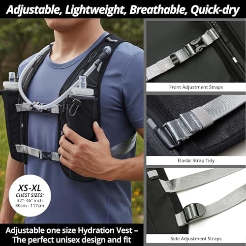 Running Hydration Vest for Women and Men. Reflective, 8 Pocket, Quick dry, Water-Resistant, Breathable, 1.5L, Adjustable Backpack for Runs, Hiking, Cycling, Trails, Marathons (with 2x 500ml soft flask — view 5