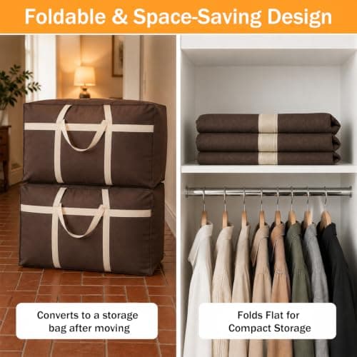 3 Pack 60L Heavy Duty Moving Storage Bags, Reinforced Handles Hold 60kg, Waterproof Storage Sacks with Strong Dual Zips, Foldable Organiser Moving Bags for Clothes, Bedding, House Moving (Brown) — view 5