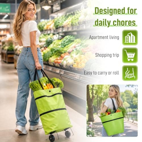 2-in-1 Foldable Shopping Bag with Wheels,2026 New Foldable Shopping Carts for Groceries,Waterproof Rolling Grocery Tote with Sturdy Handle for Market,Shopping,Travel & Daily Use — view 2