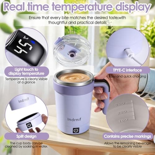 380ml Automatic Self Stirring Coffee Mug, Electric Mixing Cup with Magnetic Stirrer and LED Temperature Display, Rechargeable Travel Mug with Whisk and Detachable Base for Coffee, Milk, Cocoa (purple) — view 3