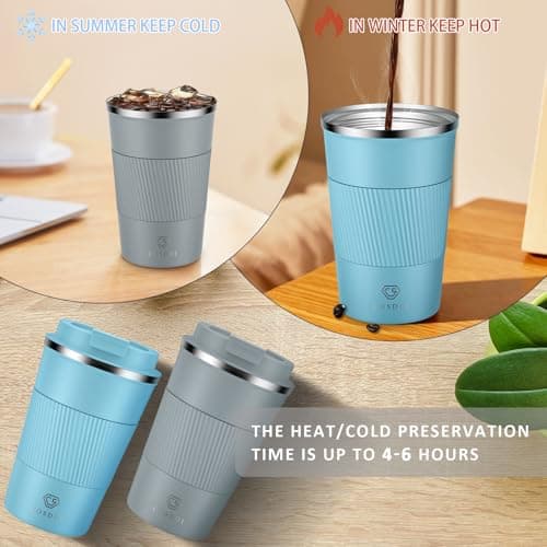 CS COSDDI Travel Mugs, Insulated Coffee Cup with Leakproof Lid - Reusable Coffee Cups Travel - Car Coffee Cup - Stainless Steel Coffee Mug for Hot and Cold Water(Grey, 380ml) — view 2