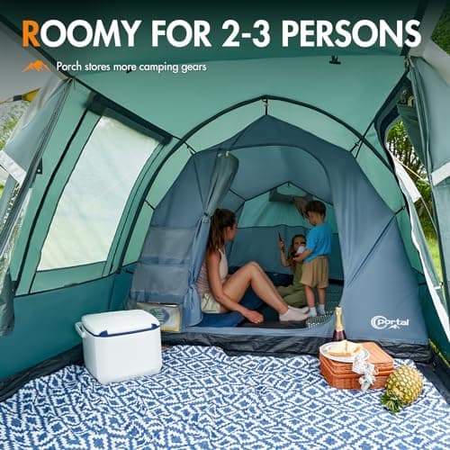 Portal 2-3 Man Tent Luxury 3000mm Waterproof with Porch Awning 3 Person Camping Tent with Sewn-in Groundsheet 2 Man with Bedroom Lightweight Tunnel for Festival Outdoor Hiking — view 3
