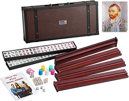 166 American Mahjong High-End Mahjong Suitcase Limited Edition Embedded Masterpiece Background 4 Wooden Pushers + Racks 166 Numbered Tiles Complete American Mahjong Set in Leather Suitcase Van Gogh