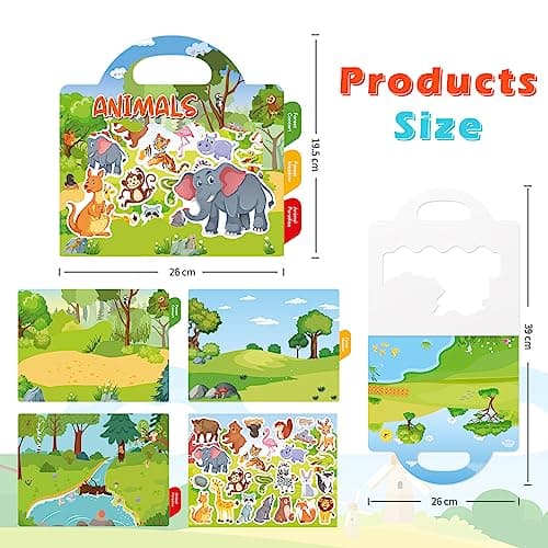 GUYUCOM 2 Pack Reusable Sticker Books for Toddlers, Durable No Glue Stickers for Kids, Activity Crafts for 2 3 4 Year Old Boys Girls Dinosaurs Animals Travel Toys on Plane Car Birthday Gifts — view 5