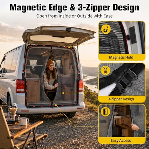 146 * 155cm Mosquito Net for VW T5 T6 Car Back Door – Magnetic Fly Screen with 3 Zippers, Breathable Mesh Ventilation, Insect Mesh Sun Shade Privacy Screen Boot Tent for Camping Outdoor Travel — view 3