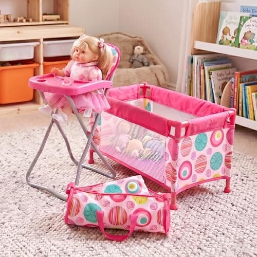 BiBi Doll Travel High Chair & Cot Bed Set with Carry Bag, Feeding Tray & Bedding - Folding Nursery Furniture for Dolls up to 20" - Pink Patterned Baby Doll Accessories for Girls & Boys Aged 3+ — view 4