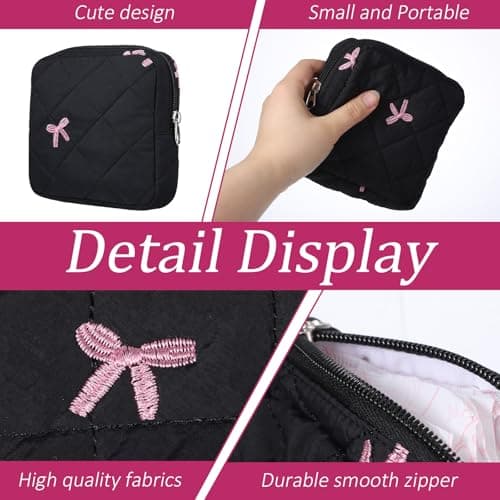 Cute Bow Sanitary Napkin Storage Bag with Dividers and Zipper, Cute Period Bag Pouch, Portable Tampon Holder for Purse that Can Hold Sanitary Napkins, Panty Liners, Tampons, and Menstrual Cups — view 3