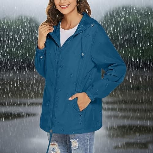 Waterproof Jacket Womens Packaway Rain Coat with Zip Pocket Outdoor Lightweight Softshell Sport Jacket Windproof Windbreak Hiking Jackets Casual Hooded Raincoats Rainproof Coats — view 3