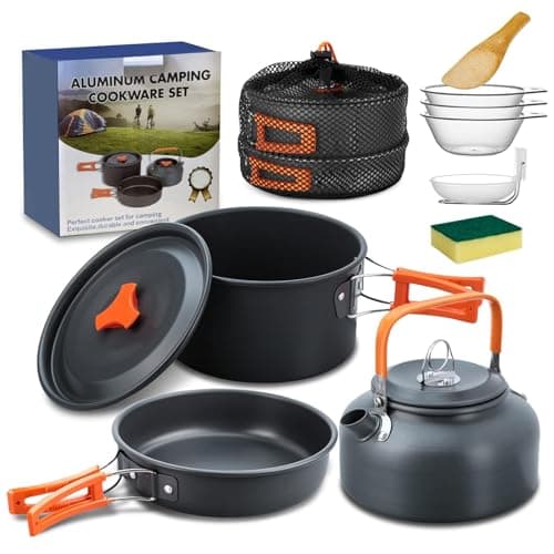10 Pieces Camping Cookware Set, Outdoor Crockery Set, Cooking Pot Set, Outdoor Cookware Set for 2-4 People, Camping Frying Pan and Teapots for Outdoor Hiking Picnic BBQ