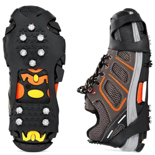 Gehior Ice Grips for Shoes and Boots, 10-Stud Anti-Slip Crampons with Stainless Steel Spikes, Flexible TPE Snow Grips for Winter Walking, Hiking, Trekking and Ice Fishing (L)