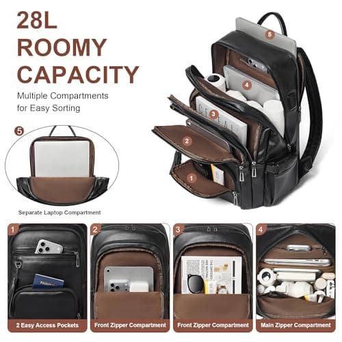 Shrrie 17 Inch Laptop Backpack for Women,Vegan Leather Backpack Purse,28L Work Business College Travel Computer Backpacks with Pouch Pocket for Large Capacity Cup & USB Charger,Black — view 3
