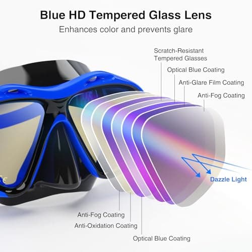 Snorkeling Gear for Adults, Snorkel Mask With Mirrored Tempered Glass Lens 180° Wide View Anti-Fog Scuba Diving Mask, Professional Snorkel Set for Swimming Diving (Black+Blue) — view 2