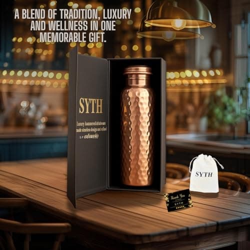 SYTH Luxury 100% Pure Copper Water Bottle - 34 OZ – |BPA Free| Ayurvedic Copper Drinking Bottle for Women and Men – | Lab-Tested, Heavy Duty & Leak-Proof | Copper Vessel (Luxury Gift Box Included) — view 2
