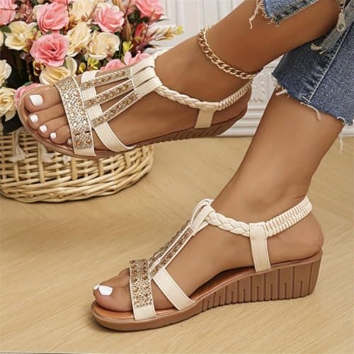 DFSDJEUW outlet clearance Womens Sandals Wide Fit Comfortable Slip on Wedge Shoes Casual Open Toe Orthopedic Slide Lightweight Summer Cushion Plantar Fasciitis slip on sandals women Beige 4.5 — view 6