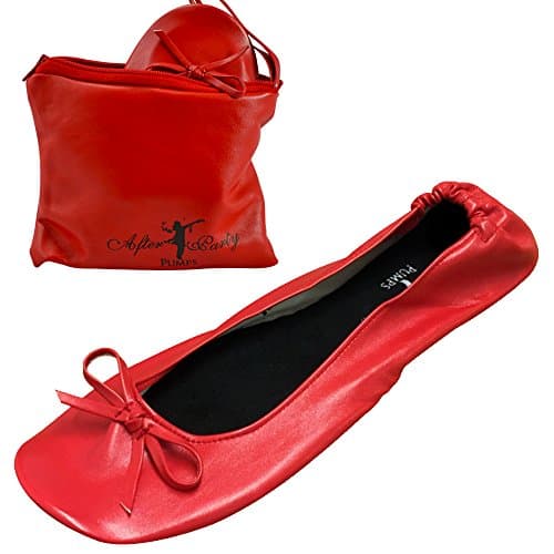After Party Pumps® Lady in Red Size UK 3-4 Ladies Roll Up Shoes Fold Up Pumps Foldable with Carrier Pouch