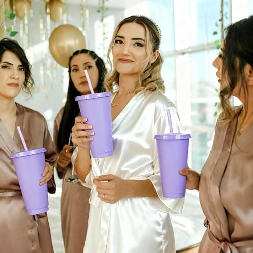 Yisituo 710ml Reusable Plastic Cups, 10 Pack Cold Cups with Lid and Straw, Tumblers Travel Mugs for Adults and Madam Party and Beach, Pool Gatherings (10, Light Purple) — view 5