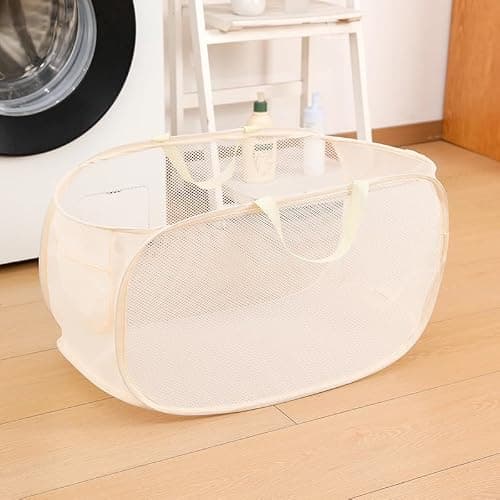 KIAYOO Collapsible Laundry Basket,Foldable Clothes Hamper,Pop up Washing Bin Bag for Laundry,Bathroom,Bedroom,Balcony,College Dorm,Hotel,Travel,Beige