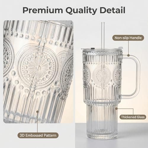 1ZIZIFA8 750ml Glass Tumbler with Lid & Straw, 2 Pack - Ribbed Design with Handle, Large Leakproof Iced Coffee Cup for Smoothies, Matcha, Latte, Bubble Tea & Cold Drinks - Dishwasher Safe — view 4