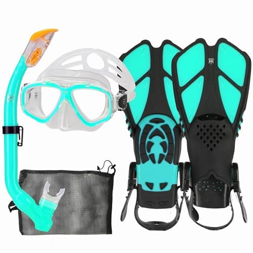 Kids Mask Snorkeling Set with Fins Anti Leak Snorkeling Gear for Kids with Adjustable Flippers, Youth Junior Full Dry Snorkel Set Swimming Goggles with Nose Cover Diving Mask Scuba with Bag, 5-14 Yrs