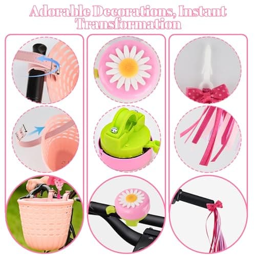 Kids Bike Basket Set - Pink Bicycle Basket with Wheel Spoke Beads Bicycle Bell Bicycle Windmill Bike Tassels. with Ajustable Straps, Detachable Girls Bicycle Accessories for Birthday — view 5