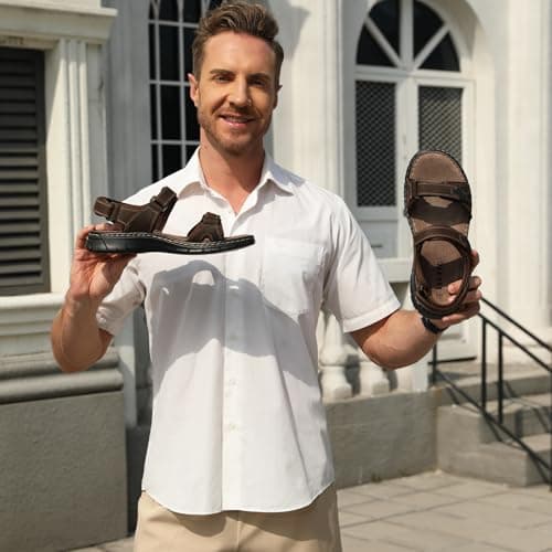 ISQFIQ Real Leather Mens Sandals, Wide Fit Sandal for Walking, Open Toe Indoor and Outdoor Shoes with Adjustable Strap for Summer Casual Travel Hiking Beach Trekking Towns Dark Brown UK 11 — view 2