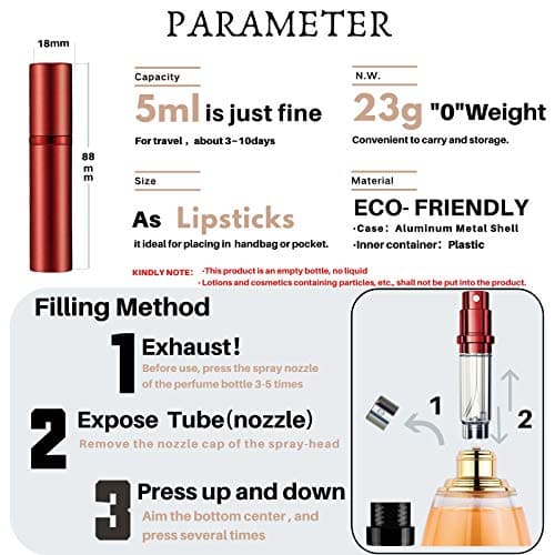 AsaNana Perfume Atomiser, Refillable & Travel Size Perfume Bottle, Leaking Proof,Bottom Pump without Funnel, Luxurious Small women and men, 5ml (Cla.-Red) — view 6