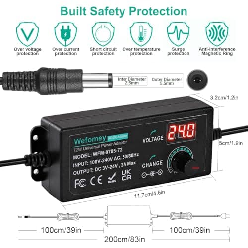 Universal Power Supply 3V~24V 3A 72W Adjustable Variable 3V 5V 9V 12V 18V 20V 24V AC/DC Adapter Charger, 100V-240V AC to DC Converter with 14 Tips, Polarity Converter and 4-Way Power Splitter Cable — view 3