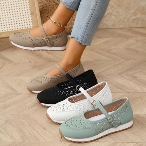 Women's Vintage Perforated Mary Jane Sneakers Chic Buckle Loafers Breathable Walking Shoes for Travel and Weekend Trips Khaki — view 4